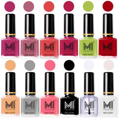 

MI Fashion Non-Toxic Premium Lacquer 7 Days Long Lasting Nail Polish Shades of 12 Pcs in Wholesale Rate- Plum ,Nude Spring ,Coral ,Pink ,Lime Green ,Red ,Nude ,Grey ,Pink ,Black ,Top Coat ,White(Pack of 12)