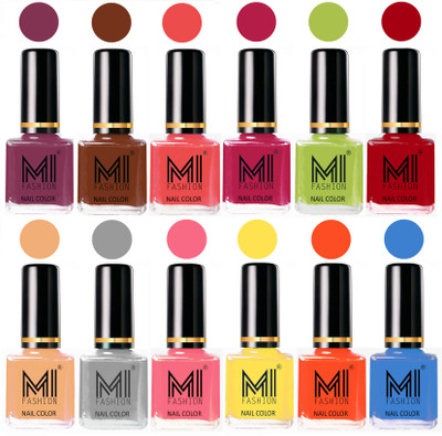 

MI Fashion Non-Toxic Premium Lacquer 7 Days Long Lasting Nail Polish Shades of 12 Pcs in Wholesale Rate- Mauve Brown ,Olive Brown ,Carrot Red ,Pink ,Lime Green ,Red ,Nude ,Grey ,Pink ,Yellow ,Coral ,Sea Blue(Pack of 12)