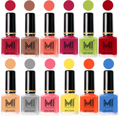

MI Fashion Non-Toxic Premium Lacquer 7 Days Long Lasting Nail Polish Shades of 12 Pcs in Wholesale Rate- Magenta ,Dark Nude ,Peach ,Pink ,Lime Green ,Red ,Nude ,Grey ,Pink ,Yellow ,Coral ,Sea Blue(Pack of 12)