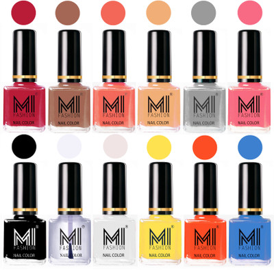 

MI Fashion Non-Toxic Premium Lacquer 7 Days Long Lasting Nail Polish Shades of 12 Pcs in Wholesale Rate- Magenta ,Dark Nude ,Peach ,Nude ,Grey ,Pink ,Black ,Top Coat ,White ,Yellow ,Coral ,Sea Blue(Pack of 12)
