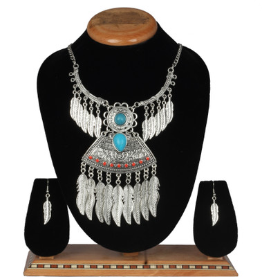 

Aaishwarya Antique Silver Boho Style Feather Charms, Blue & Red Stone Studded Crystal Alloy, Stone Necklace Set