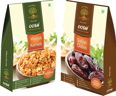 

Oosh Premium California Walnut Kernel Halves 200g & Saudi Safavi Dates 200g | Healthy Dry Fruits Walnuts, Dates(400 g, Box)