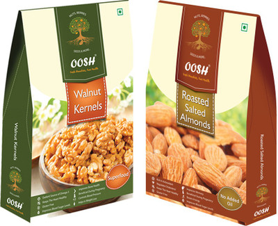 

Oosh Premium California Walnut Kernel Halves 200g & Roasted Salted Almonds 250g | Healthy Dry Fruits Walnuts, Almonds(450 g, Box)