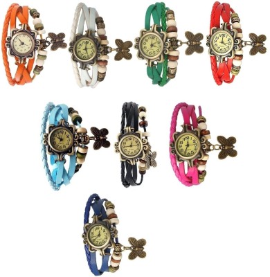 Haunt Designer Vintage Leather Set of 8 Multicolor Bracelet Butterfly Analog Watch  - For Women   Watches  (Haunt)