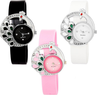 

Skmi White Black And Pink Designer Combo Set Of - 3 For 001 Women And Girls Watch - For Girls