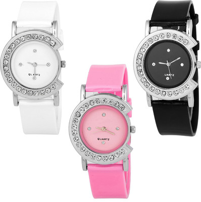 

Skmi White Black And Pink Designer Combo Set Of - 3 For 002 Women And Girls Watch - For Women