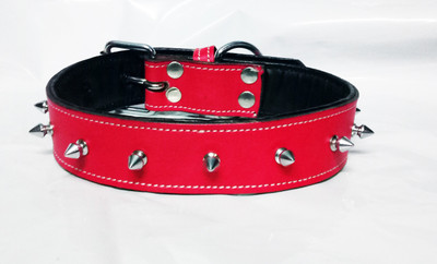 

Petshop7 Black Padded Leather Dog Collar with Spiked 1.50"in" - Medium (Neck Girth - 19 -22 inch) Dog Everyday Collar(, Red