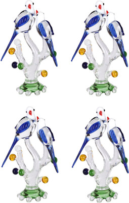 AFAST Afast Crystal Shining Clear Glass Natural Loving Birds Pair Relaxing On A Well-Favoured Tree JV6 (Set Of 4) Decorative Showpiece  -  13 cm(Glass, Clear, Blue, White)