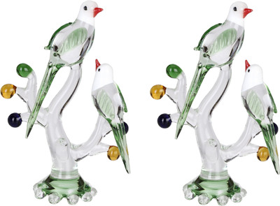 AFAST Afast Crystal Shining Clear Glass Natural Loving Birds Pair Relaxing On A Well-Favoured Tree JV3 (Set Of 2) Decorative Showpiece  -  13 cm(Glass, Clear, Green, White)