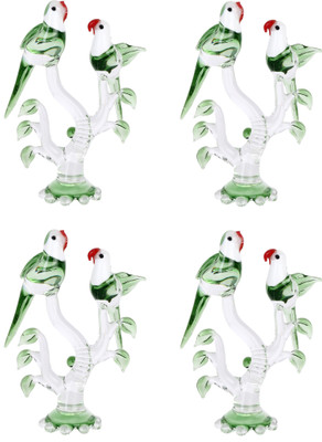 AFAST Afast Crystal Shining Clear Glass Natural Loving Birds Pair Relaxing On A Well-Favoured Tree JV1 (Set Of 4) Decorative Showpiece  -  13.4 cm(Glass, Clear, Green, White)