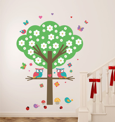 HAPPYSTICKY 100 cm Tree With Birds Removable Sticker(Pack of 1)