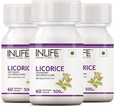 

Inlife Licorice Extract (Yastimadhu) Standardized to 20% Glycyrrhizinic Acid, 500 mg - 60 Vegetarian Capsules (3 pack)(180 No)