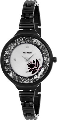 

Wanton k-1017 black slim belt movable crystals silver attractive flower dial watch for women Watch - For Girls