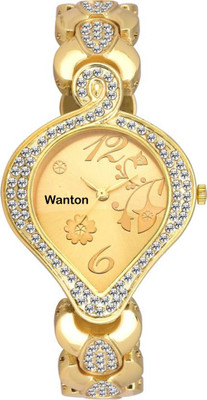 

Wanton K-1015 gold metal strap crystal stydded case with flower on dial royal and rich watch for women Watch - For Girls