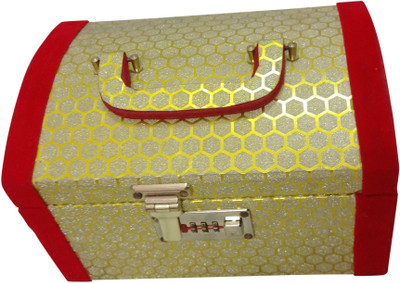 

Haryana Craft Stylish Golden Palki Vanity Box Heavy Hard Coated Material With Lock Size (25*15*18 Made in heavy Hard Coated Velvet Material With Lock System, Dimension 24*15*18 Com, Use in Make Up, Cosmetic, Jewellery Bangle & can keep other accessories a