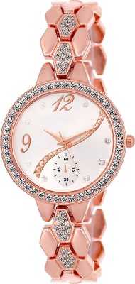 PRATHAM SHOP Diamond Studded On Bezel,Dial And Strap White Color Dial Rosegold Color Metal Belt Medium Size Casual Watch Watch  - For Girls   Watches  (PRATHAM SHOP)
