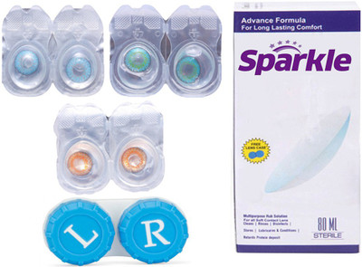 Sparkle 3 Pair Zero Power ( Blue, Aqua, Honey ) Monthly(Zero Power, Colored Contact Lenses, Pack of 3)