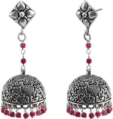 Silvesto India Ethnic Oxidized Jewellery-Danglers With Studs And Pink Beads Large Jhumkas Earrings Crystal Alloy Jhumki Earring available at flipkart for Rs.472