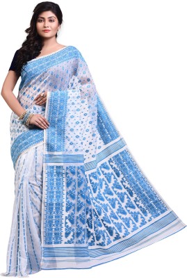 crochetin Woven Jamdani Cotton Blend Saree(White, Blue)