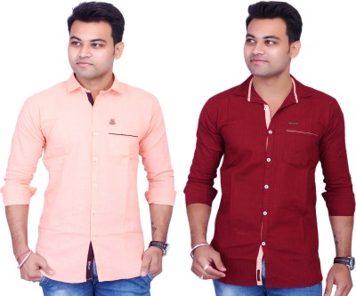 La Milano Men Solid Casual Maroon, Orange Shirt(Pack of 2)