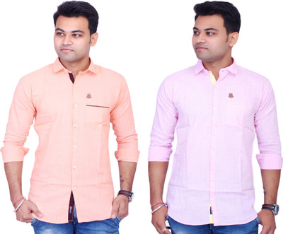 La Milano Men Solid Casual Pink, Orange Shirt(Pack of 2)