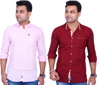 La Milano Men Solid Casual Maroon, Pink Shirt(Pack of 2)