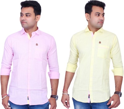 La Milano Men Solid Casual Pink, Yellow Shirt(Pack of 2)