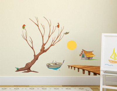 HAPPYSTICKY 150 cm Tree With Sunset Removable Sticker(Pack of 1)