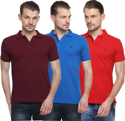 YOUTHEN Solid Men Polo Neck Purple, Red, Yellow T-Shirt(Pack of 3)