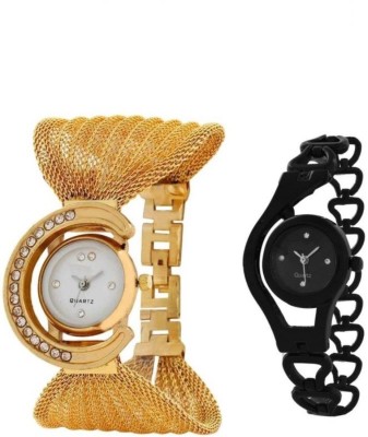 FASHION POOL JULLA GOLD ROUND ANALOG DIAL WATCH COMBO WITH FULL BLACK CHAIN WATCH FOR LADIES & GIRLS VALENTINE & FESTIVAL SPECIAL COLLECTION Watch  - For Girls   Watches  (FASHION POOL)