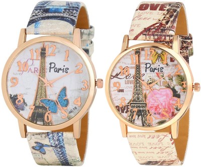 Skmi Original Paris Pink And Blue Dial With Flower And Butterfly Print Leather Strap Combo Set Of Two For Women Watch  - For Girls   Watches  (Skmi)