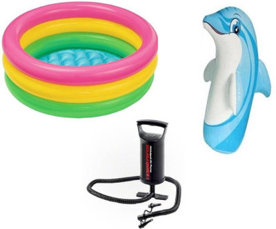 

K T BROTHERS COMBO OF 2 FEET BATH TUB AND 3 FEET INFLATABLE HIT ME DOLPHIN WITH AIR PUMP Inflatable Bouncer, Pool(Multicolor)