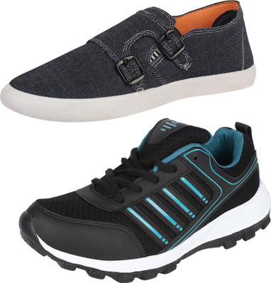 

Aero 02 Pair Combo Power Play & Canvas Running Shoes For Men(Black, Blue, Blue, Black::cyan::blue