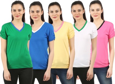 CHECKERSBAY Solid Women V Neck Green, White, Black, Pink, Yellow T-Shirt