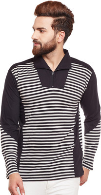 HYPERNATION Striped Men Polo Neck White, Black T-Shirt