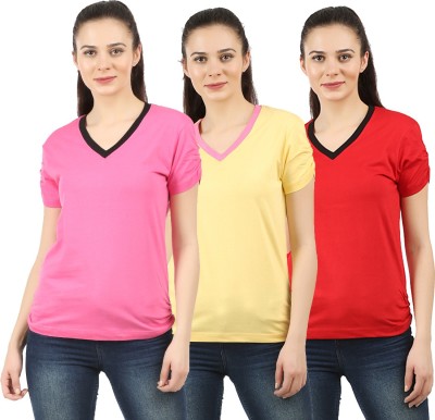 CHECKERSBAY Solid Women V Neck Red, Pink, Yellow T-Shirt