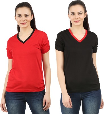 CHECKERSBAY Solid Women V Neck Red, Black T-Shirt