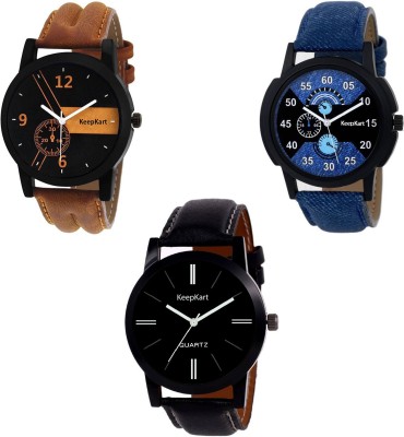 keepkart Brown Blue Black Leather Strap Couple Watches Combo For Boys And Girls Watch  - For Men & Women   Watches  (Keepkart)