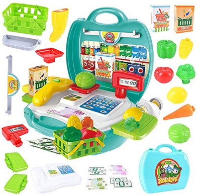 

Tabu Supermarket Cash Register Play Set - 23 Accessories Educational Pretend Play Food & Mini market Toys with Scanner & Calculator