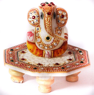 

Gaba Trend Lord Ganesha on Kundan Studded Chowki Decorative Showpiece - 10 cm(Marble, Gold, White)