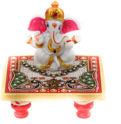 

Gaba Trend Lord Ganesha on Kundan Studded Chowki Decorative Showpiece - 10 cm(Marble, White, Pink, Maroon)