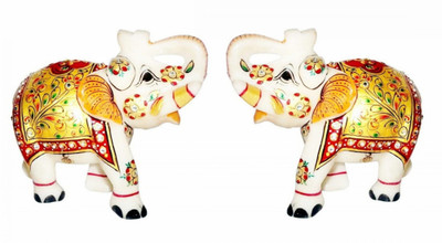 

Gaba Trend Kundan Studded Makrana Marble Elephant Decorative Showpiece - 8 cm(Marble, White, Gold)