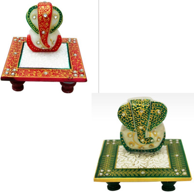 

Gaba Trend Lord Ganesha on Kundan Studded Chowki Decorative Showpiece - 10 cm(Marble, Red, Dark Green)