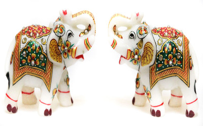 

DI-KRAFT Beautifully Hand Crafted Set Of 2 Marble Elephant Statue Idol With Meenakari Work Home Decor Decorative Showpiece - 8 cm(Marble, White, Green, Red)