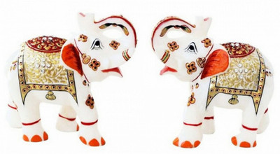 

Gaba Trend Kundan Studded Makrana Marble Elephant Decorative Showpiece - 8 cm(Marble, White, Gold, Maroon)