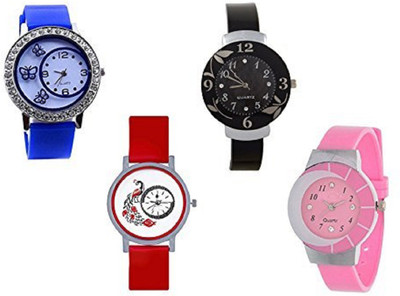 Talgo New Arrival Red Robin Season Special RR312BU301RD239PK324PK 2018 Special Collection For Combo Of 4 312-Blue Butterfly in Round Dial & Rubber Strep And 301-Red Peacock Design in Round Dial & Rubber Strep , 239-Black Flower Round dial & Black Rubber Strep , 324-Pink Round Dial & Pink Rubber Stre