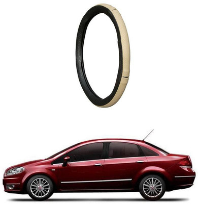AUTO PEARL Steering Cover For Fiat Linea(Diamond Beige Black, Leatherite)