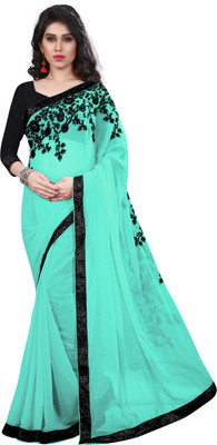 

Treadindia Embroidered Bollywood Chiffon Saree(Blue, Black), Light blue