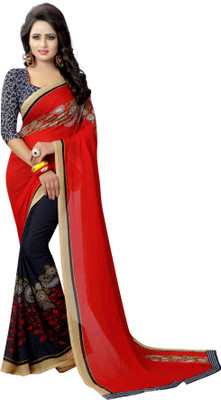 RENSILAFAB Printed Fashion Poly Georgette Saree(Red)