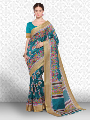 Divastri Printed Kalamkari Art Silk Saree(Light Blue, Gold)